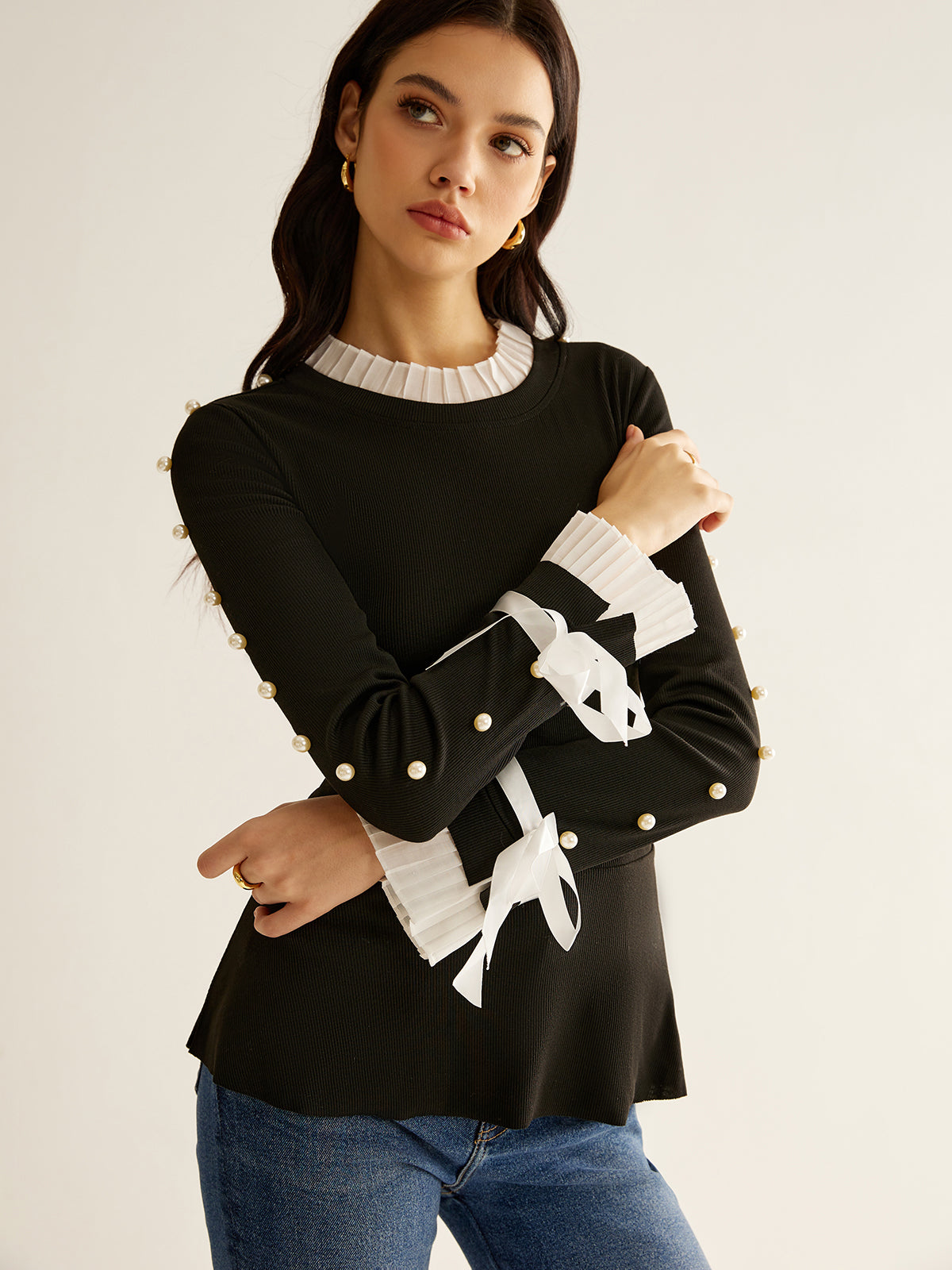 İnci Dekor Panelli Pileli Bluz