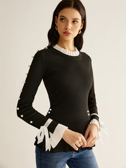 İnci Dekor Panelli Pileli Bluz