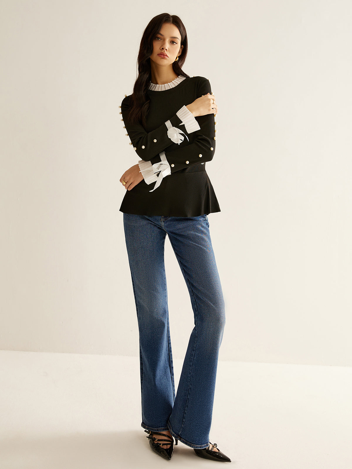 İnci Dekor Panelli Pileli Bluz