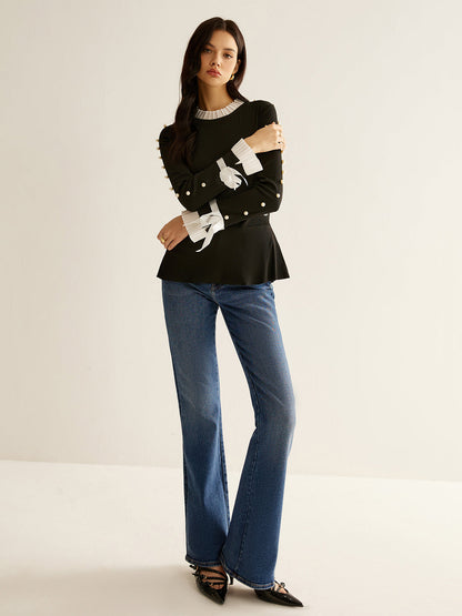 İnci Dekor Panelli Pileli Bluz