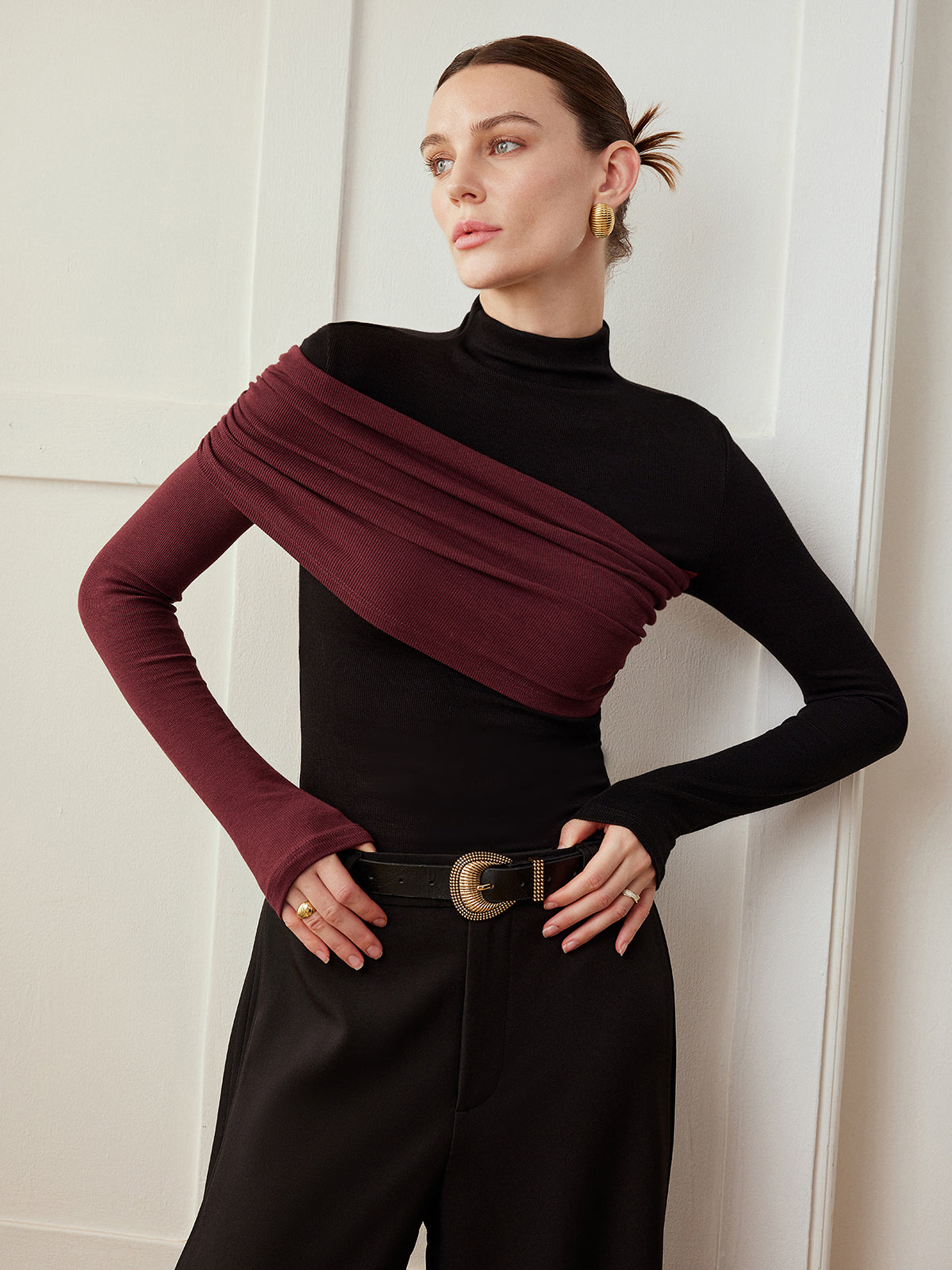 Renk Bloklu Pileli Jersey Slim Üst