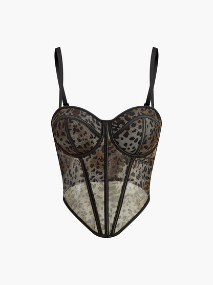 Yarı Şeffaf Leopar Desenli Spagetti Askılı Korse