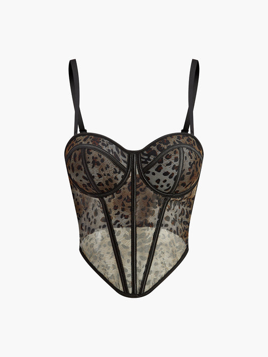 Yarı Şeffaf Leopar Desenli Spagetti Askılı Korse