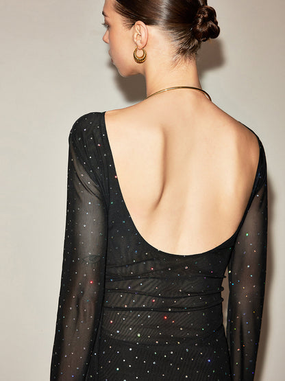 Sırtı Açık Puantiyeli Yarı Şeffaf File Elbise