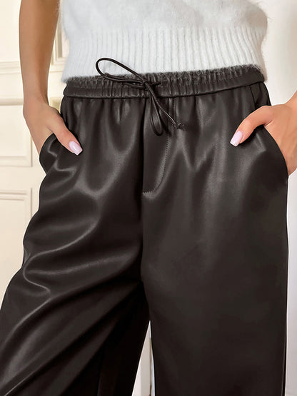 Elastik Bel Bağcıklı Suni Deri Pantolon