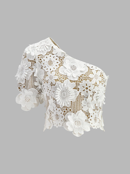 Asimetrik Çiçekli Dantel Üst Etek Takımı