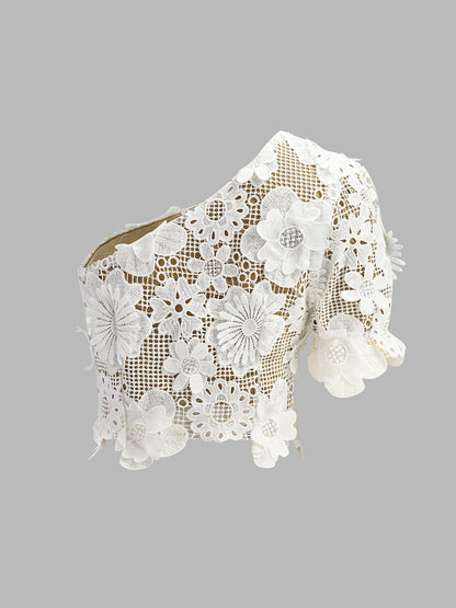 Asimetrik Çiçekli Dantel Üst Etek Takımı