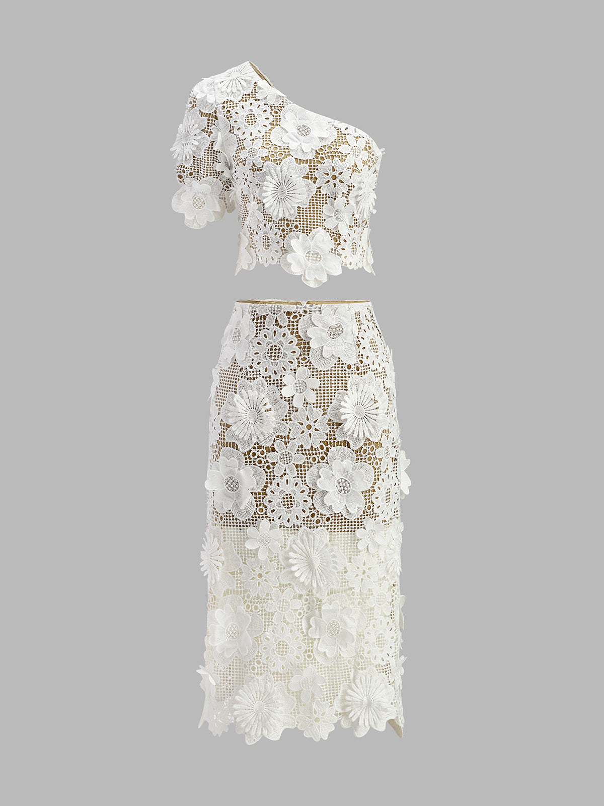 Asimetrik Çiçekli Dantel Üst Etek Takımı