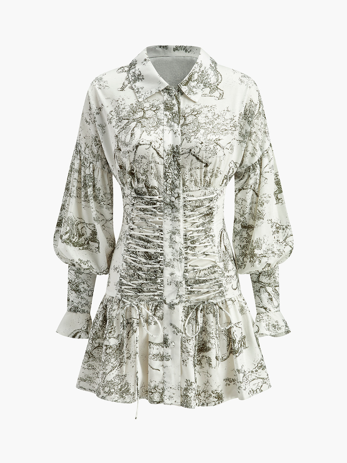 Önü Bağcıklı Çiçekli Puf Kollu Elbise