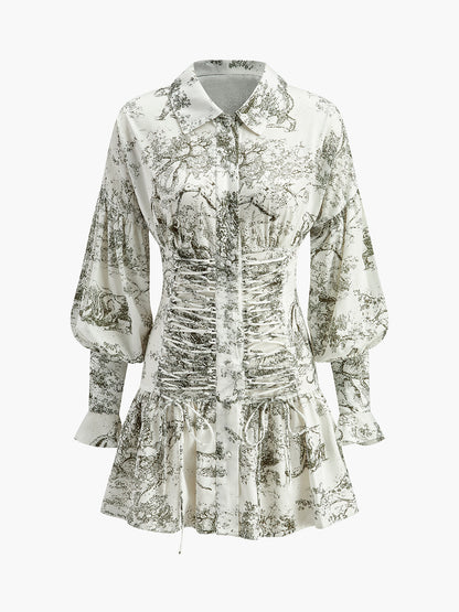 Önü Bağcıklı Çiçekli Puf Kollu Elbise