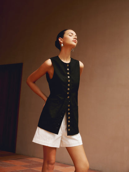 Pamuk ve Keten Düğmeli Ön Yelek