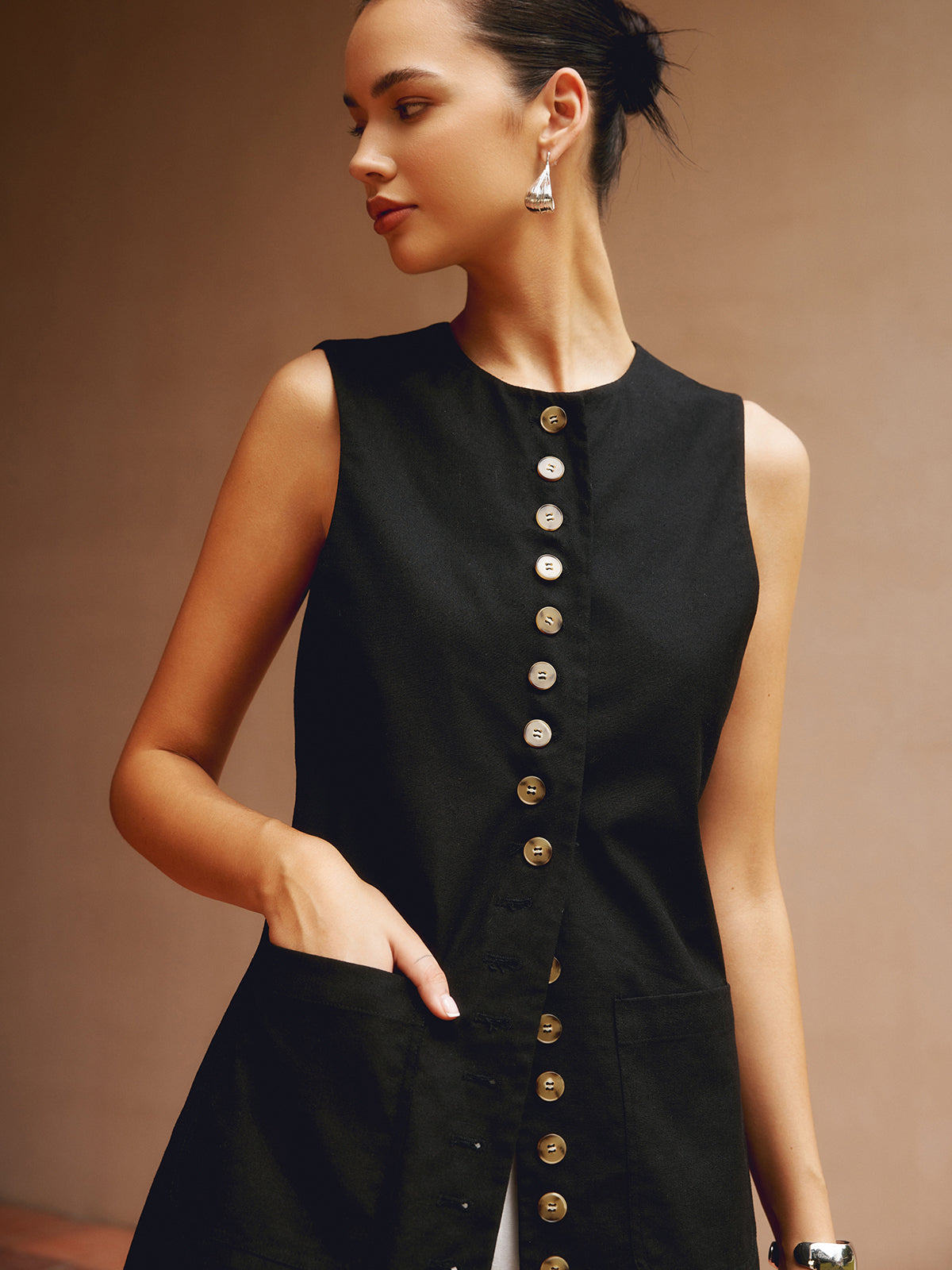 Pamuk ve Keten Düğmeli Ön Yelek