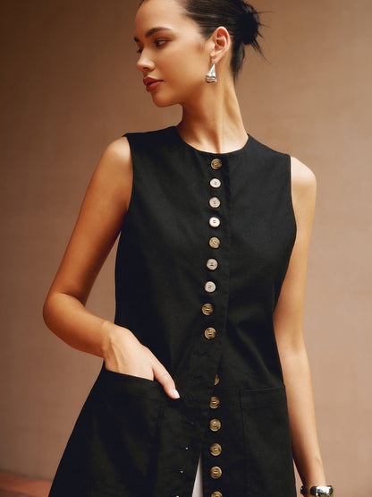 Pamuk ve Keten Düğmeli Ön Yelek