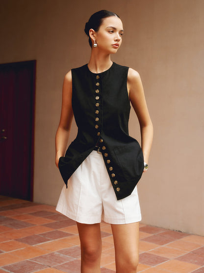 Pamuk ve Keten Düğmeli Ön Yelek