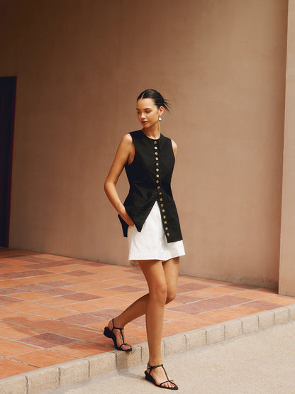 Pamuk ve Keten Düğmeli Ön Yelek