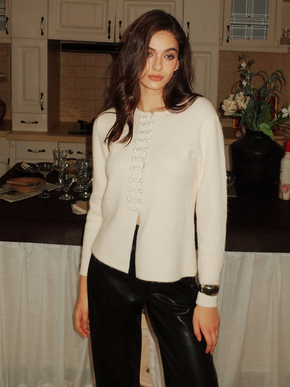 Yuvarlak Yaka Düğümlü Düğmeli Örgü Üst