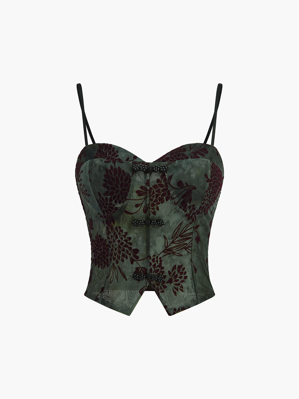 Yarı Şeffaf Düğme Detaylı Kadife Çiçekli Atlet