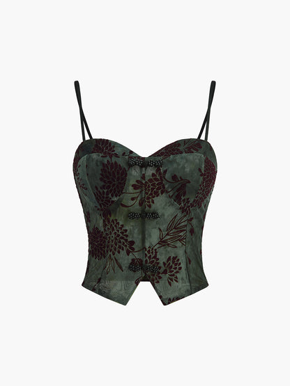 Yarı Şeffaf Düğme Detaylı Kadife Çiçekli Atlet