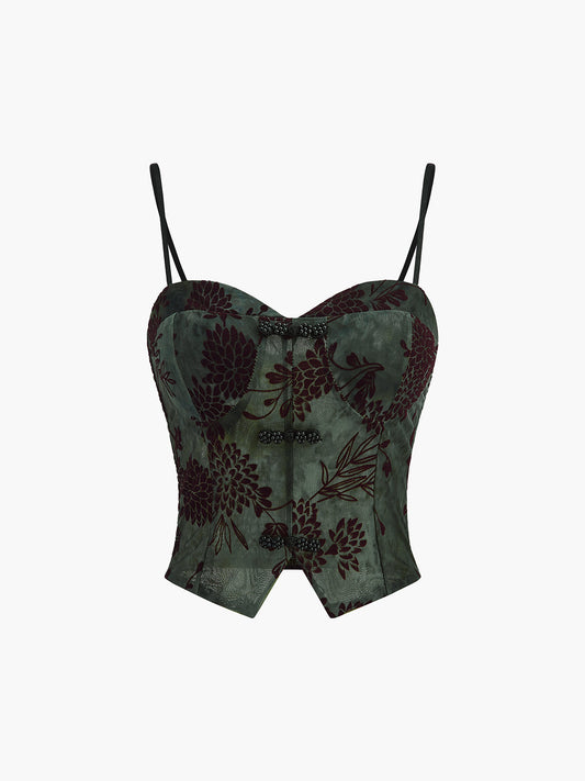 Yarı Şeffaf Düğme Detaylı Kadife Çiçekli Atlet