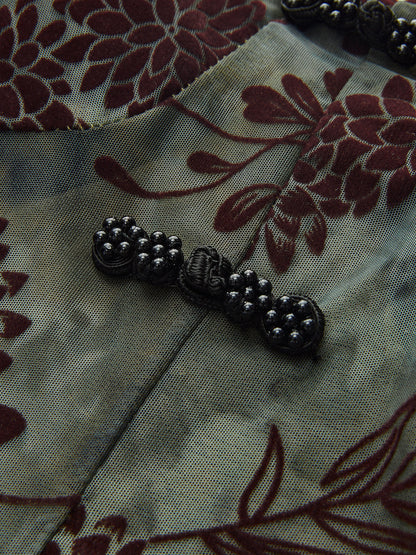 Yarı Şeffaf Düğme Detaylı Kadife Çiçekli Atlet