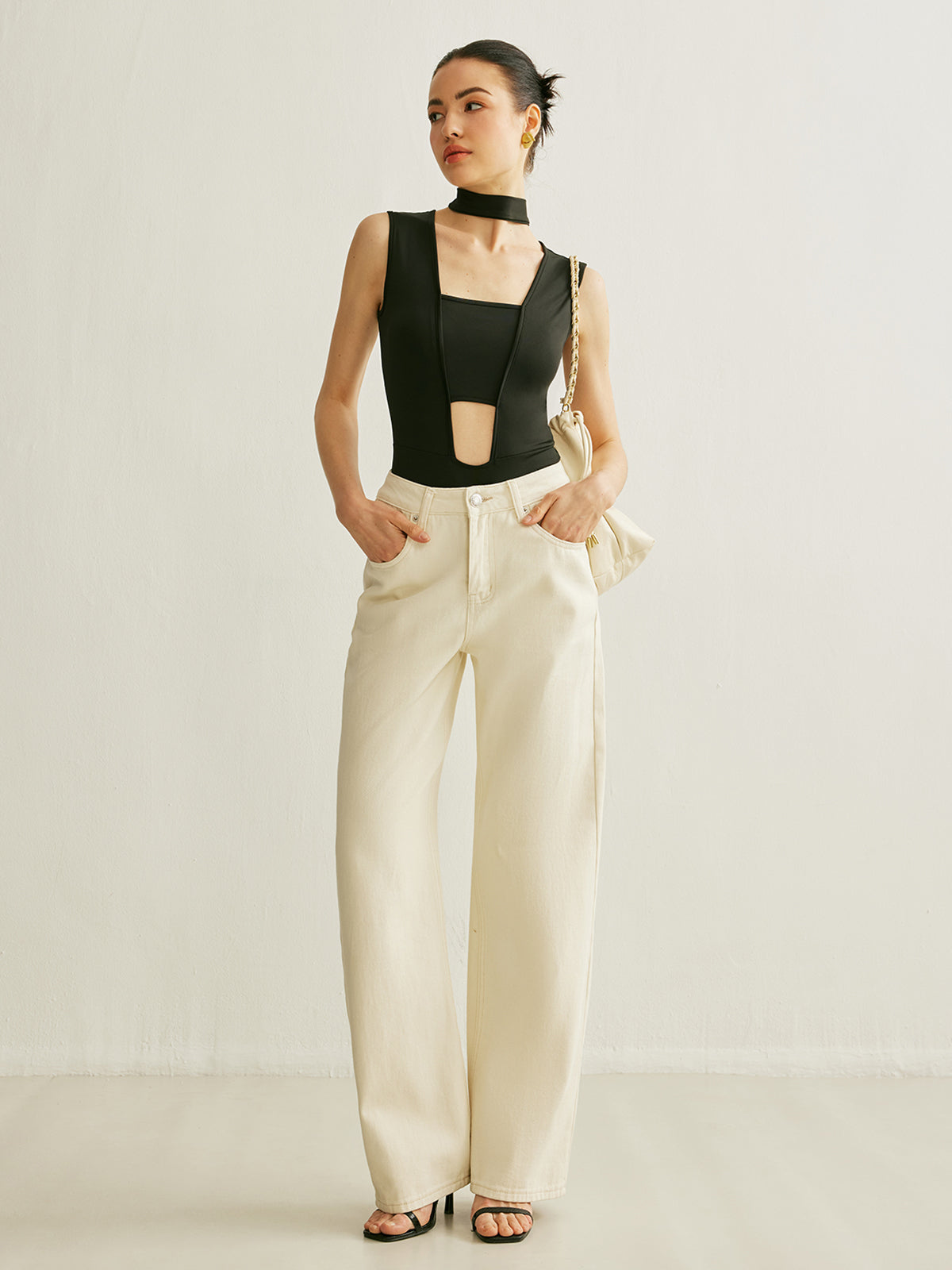 Spor Şık Kolsuz Kesikli Bodysuit