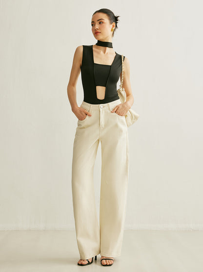 Spor Şık Kolsuz Kesikli Bodysuit