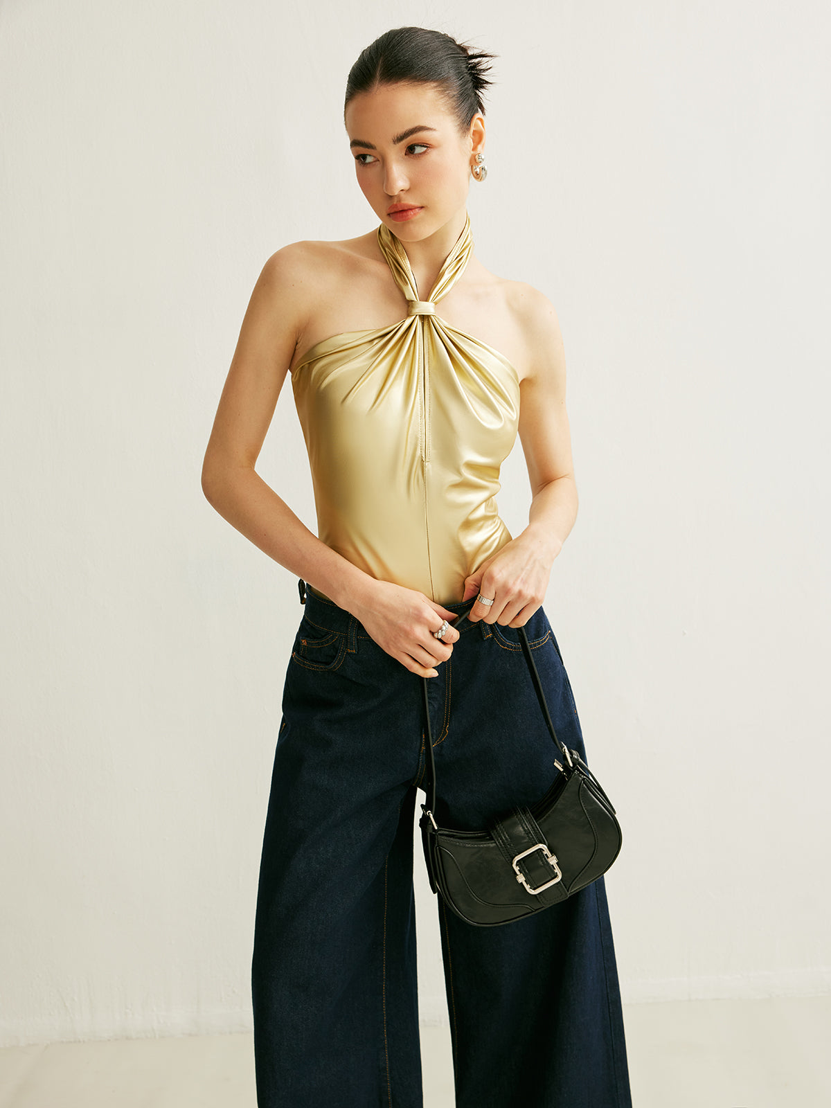 PU Çapraz Sırtlı Halter Bodysuit