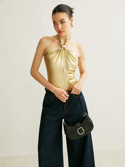 PU Çapraz Sırtlı Halter Bodysuit