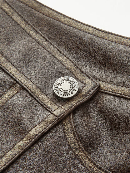 Düğmeli Cepli Suni Deri Etek