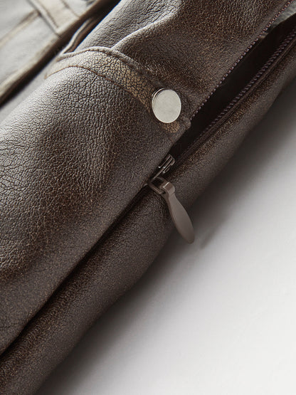 Düğmeli Cepli Suni Deri Etek