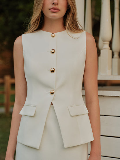 Zarif Metal Düğmeli Yırtık Yelek ve Etek Takımı