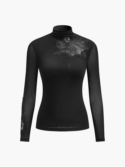 Yarı Şeffaf File Çiçekli Slim Jersey Üst