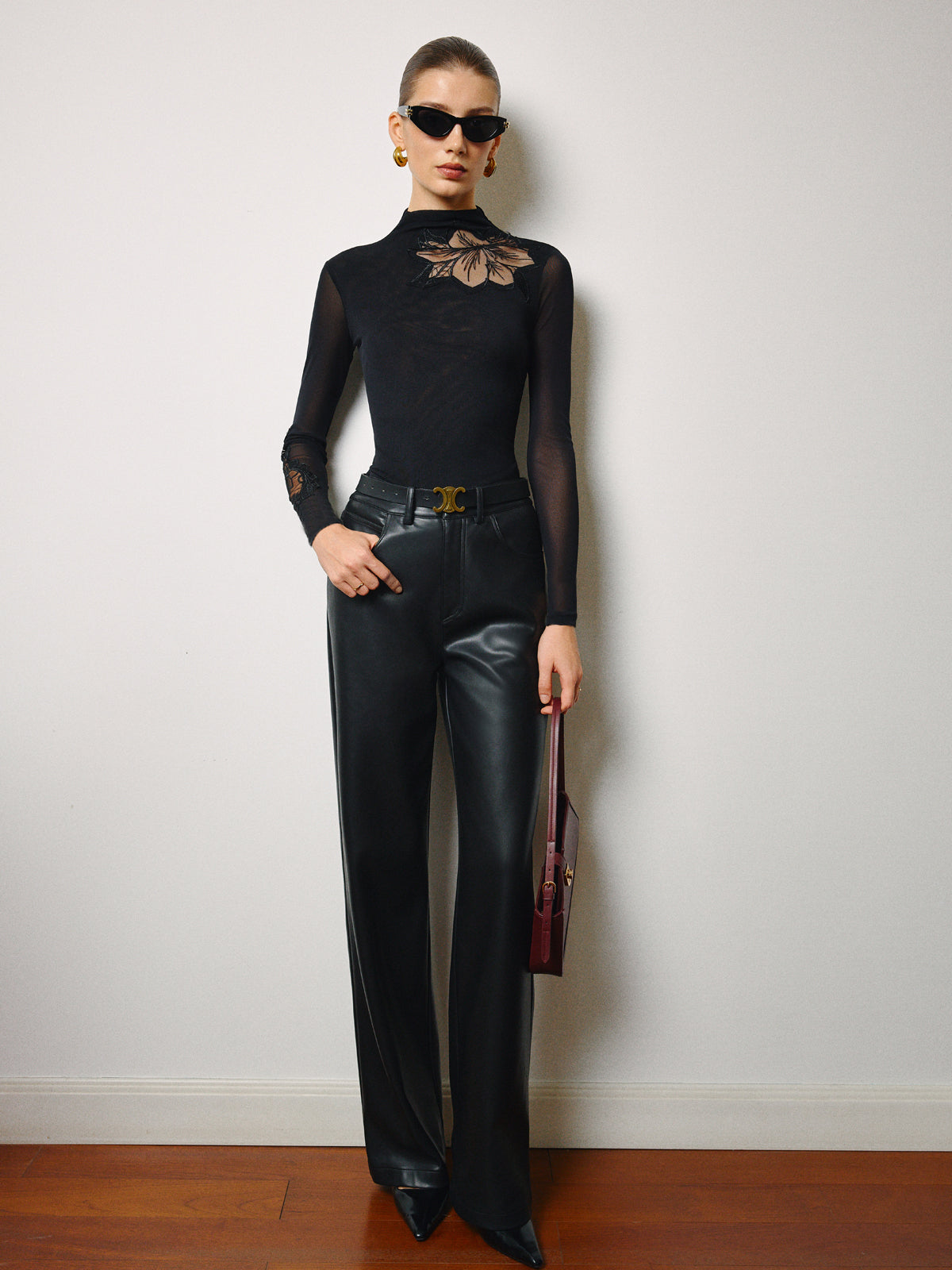 Yarı Şeffaf File Çiçekli Slim Jersey Üst