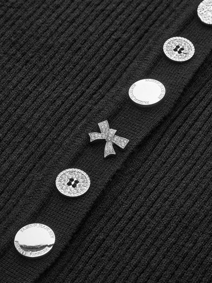 Geometrik Düğmeli Ribana Örgü Üst