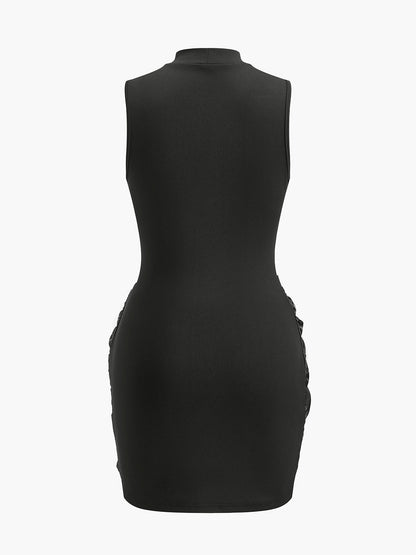 Dik Yaka Suni Deri Büzgülü Panel Elbise