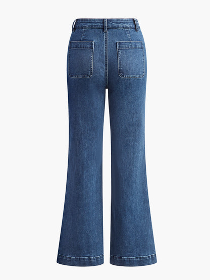 Yüksek Bel Cep Detaylı Geniş Paça Kot Pantolon