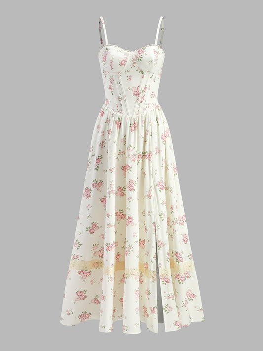 Tatlım Dantel Panelli Çiçekli Elbise