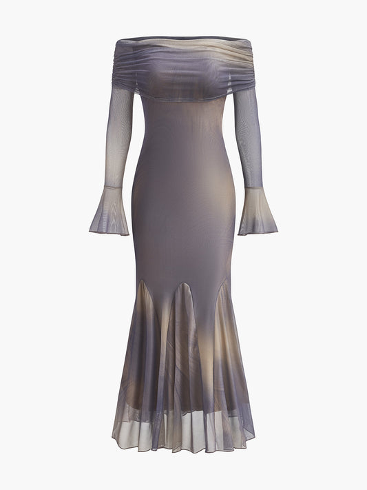 Yarı Şeffaf Omuzdan Bağlamalı Çan Kollu Elbise