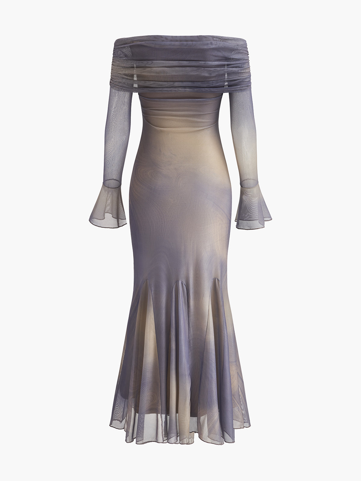 Yarı Şeffaf Omuzdan Bağlamalı Çan Kollu Elbise