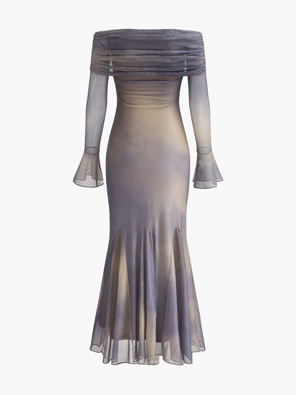 Yarı Şeffaf Omuzdan Bağlamalı Çan Kollu Elbise