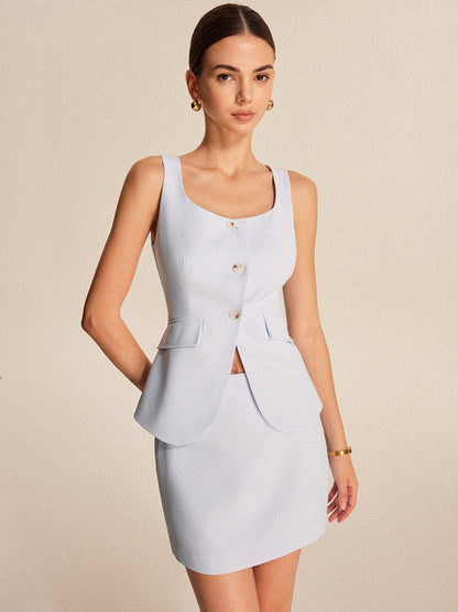 Şık Düğmeli Cepli Etek Takımı