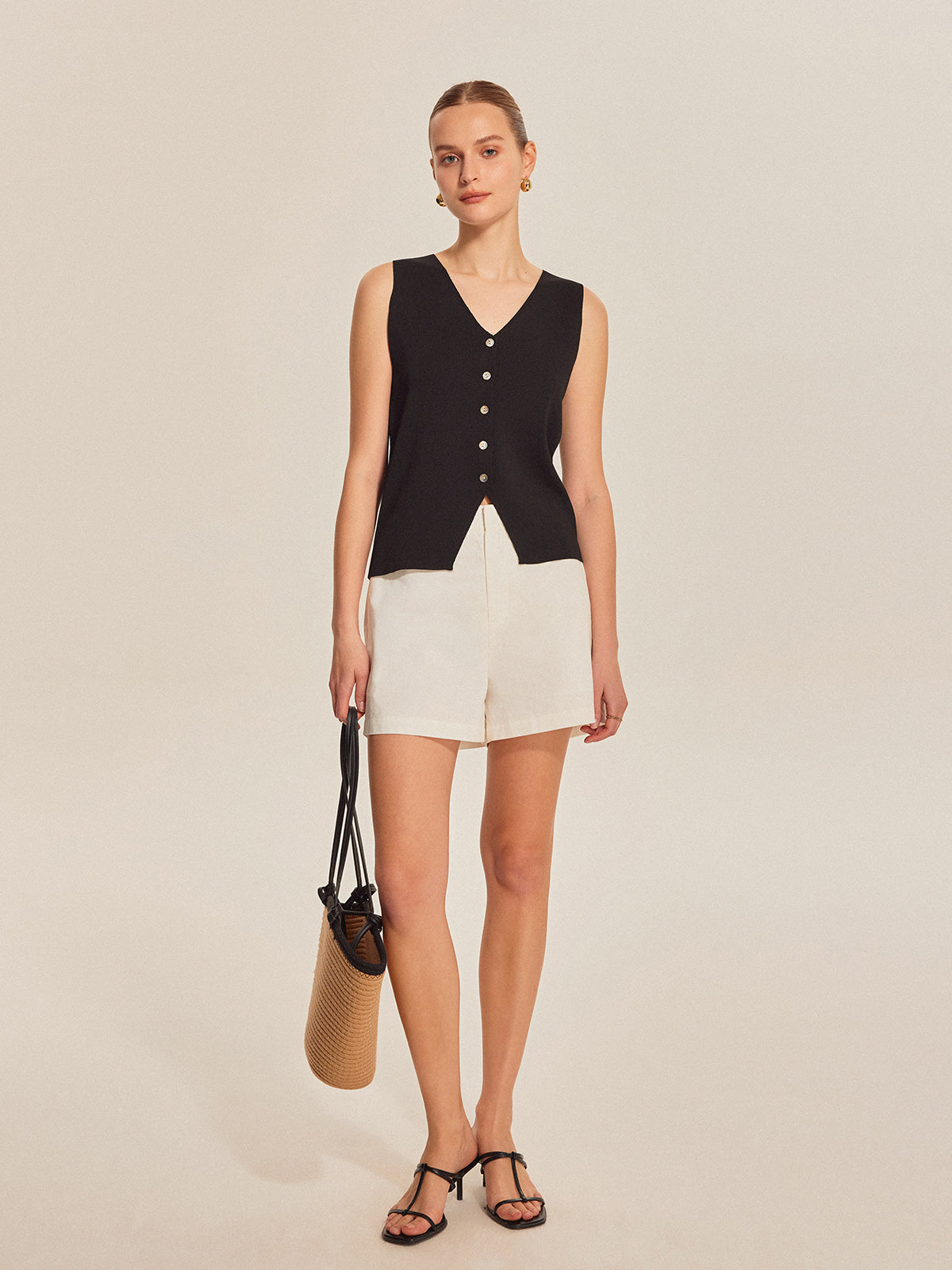 Kolsuz Ribana Örgü Düğmeli Üst