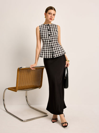 Ekose Düğmeli Arka Bağlamalı Üst