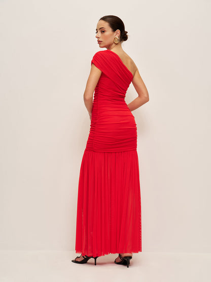 Büzgülü Tek Omuzlu Yırtık Elbise