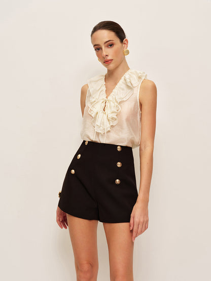 Yüksek Bel Kruvaze Düğmeli Şort