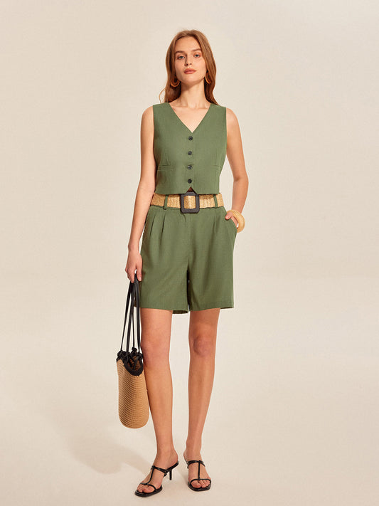 Kemerli V Yaka Düğmeli Şort Takımı