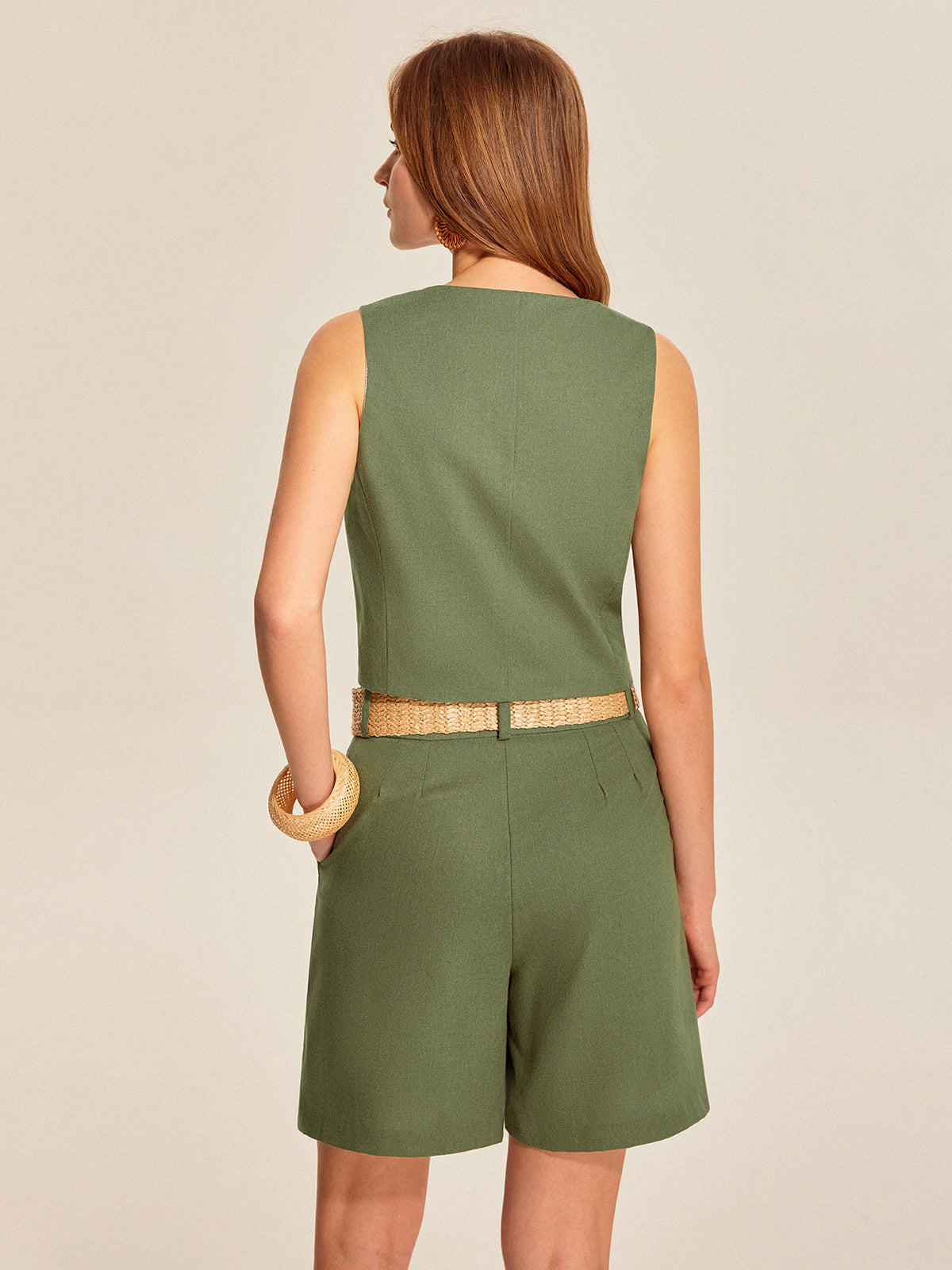 Kemerli V Yaka Düğmeli Şort Takımı