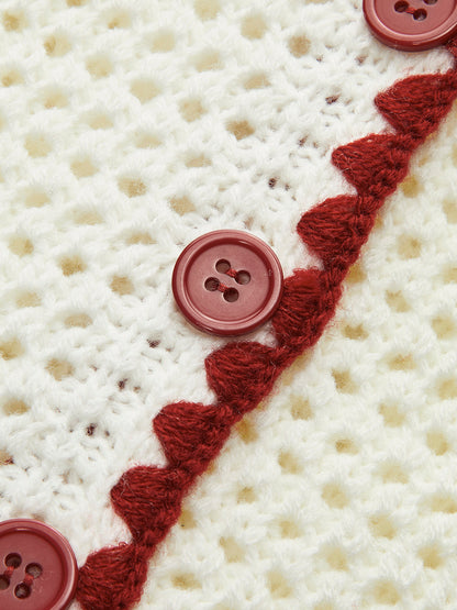 Düğmeli Kontrast Tığ İşi Yelek