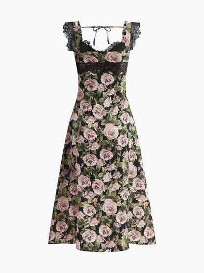 Çiçekli Dantelli Sırtı Bağlamalı Elbise