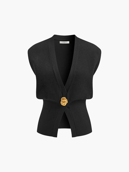 V Yaka Düğmeli Detaylı Kazak Yelek